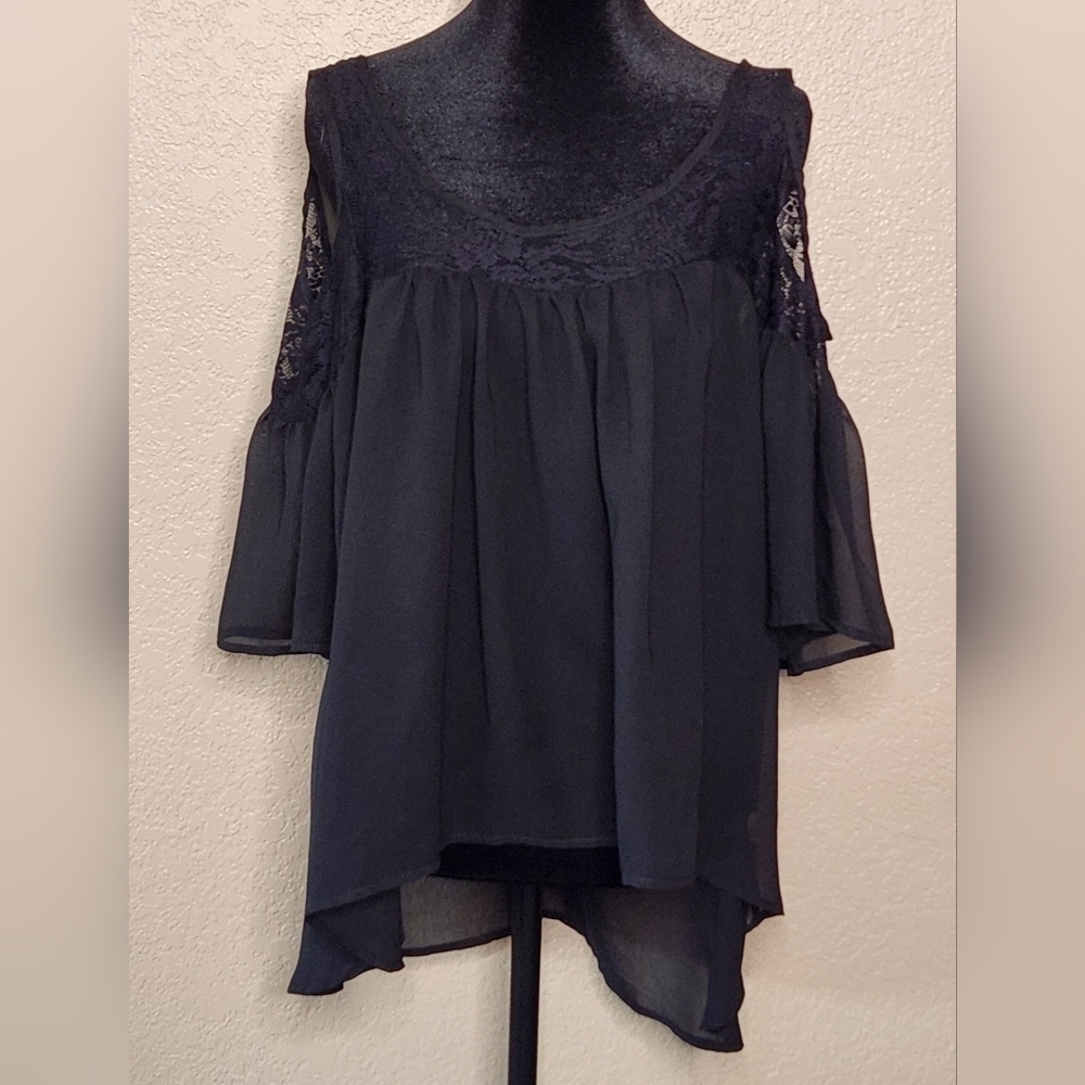 Black Sheer and Rose Lace Blouse with Hanging Angel Sleeves. Size M